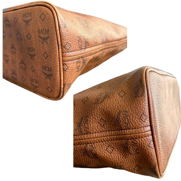 MCM Visetos Dog Bone Striped Shopper Tote Bag Cognac Brown & Blue - Picture 14 of 16